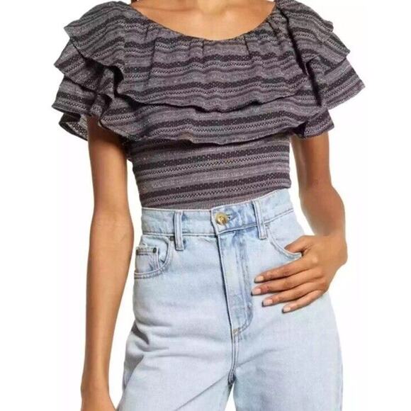 Free People Womens Heirloom Ruffle Black Combo Blouse Size Medium - Picture 7 of 8